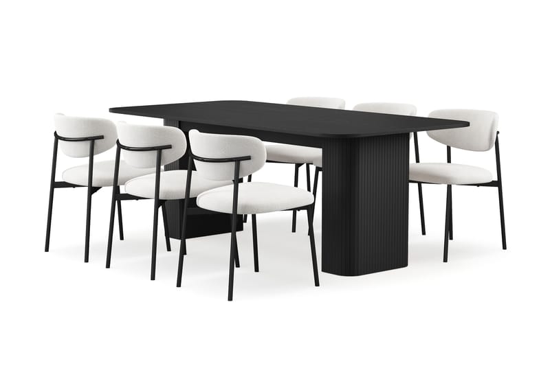 Kopparbo Matbord 200-260 cm Förlängningsbart med 6 Lucy Matstolar, Svart / Vit Bouclé / Metallben Svart