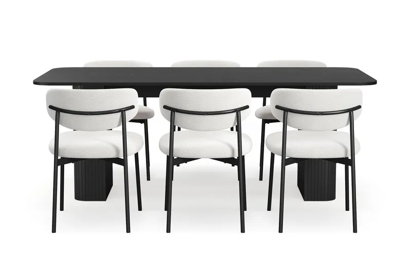 Kopparbo Matbord 200-260 cm Förlängningsbart med 6 Lucy Matstolar - Svart / Vit Bouclé / Metallben Svart - Möbler - Bord & matgrupper - Matgrupper