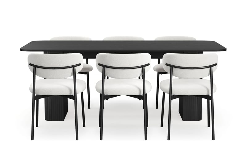 Kopparbo Matbord 200-260 cm Förlängningsbart med 6 Lucy Matstolar - Svart / Vit Bouclé / Metallben Svart - Möbler - Bord & matgrupper - Matgrupper