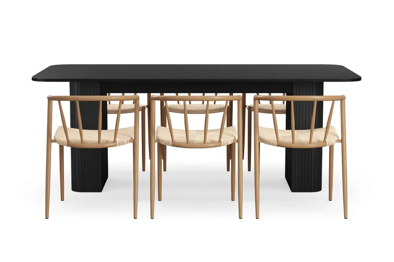 Kopparbo Matbord 200-260 cm Förlängningsbart med 6 Winston Matstolar - Svart / Beige / Metallben Ek - Möbler - Bord & matgrupper - Matgrupper