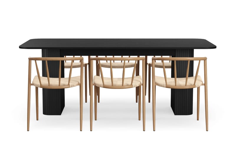 Kopparbo Matbord 200-260 cm Förlängningsbart med 6 Winston Matstolar - Svart / Beige / Metallben Ek - Möbler - Bord & matgrupper - Matgrupper