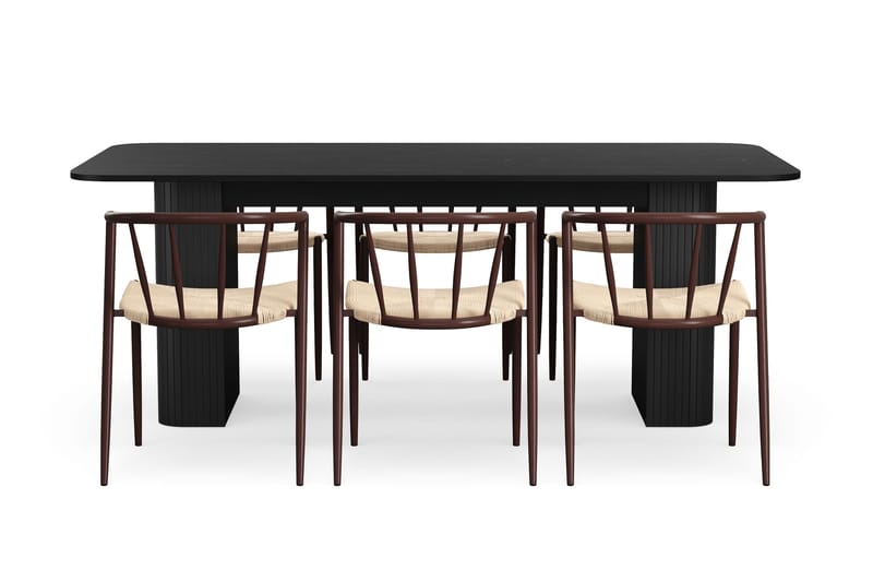 Kopparbo Matbord 200-260 cm Förlängningsbart med 6 Winston Matstolar - Svart / Beige / Metallben Rökt ek - Möbler - Bord & matgrupper - Matgrupper