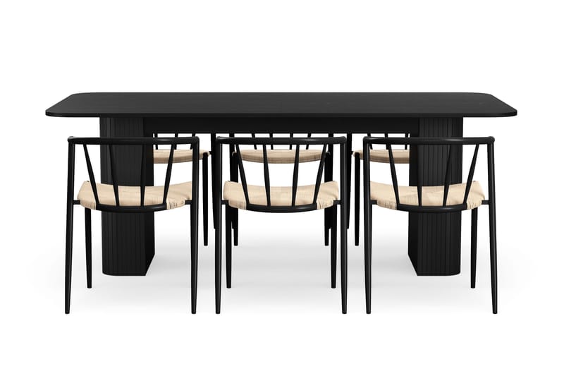 Kopparbo Matbord 200-260 cm Förlängningsbart med 6 Winston Matstolar - Svart / Beige / Metallben Svart - Möbler - Bord & matgrupper - Matgrupper