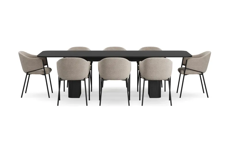 Kopparbo Matbord 200-260 cm Förlängningsbart med 8 Filip Matstolar - Svart / Taupe Bouclé - Möbler - Bord & matgrupper - Matgrupper