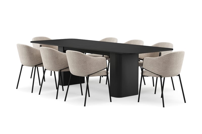 Kopparbo Matbord 200-260 cm Förlängningsbart med 8 Filip Matstolar, Svart / Taupe Bouclé