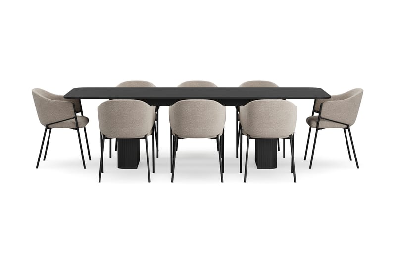 Kopparbo Matbord 200-260 cm Förlängningsbart med 8 Filip Matstolar - Svart / Taupe Bouclé - Möbler - Bord & matgrupper - Matgrupper