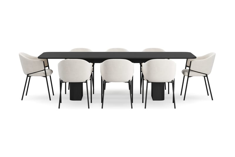 Kopparbo Matbord 200-260 cm Förlängningsbart med 8 Filip Matstolar - Svart / Vit Bouclé - Möbler - Bord & matgrupper - Matgrupper