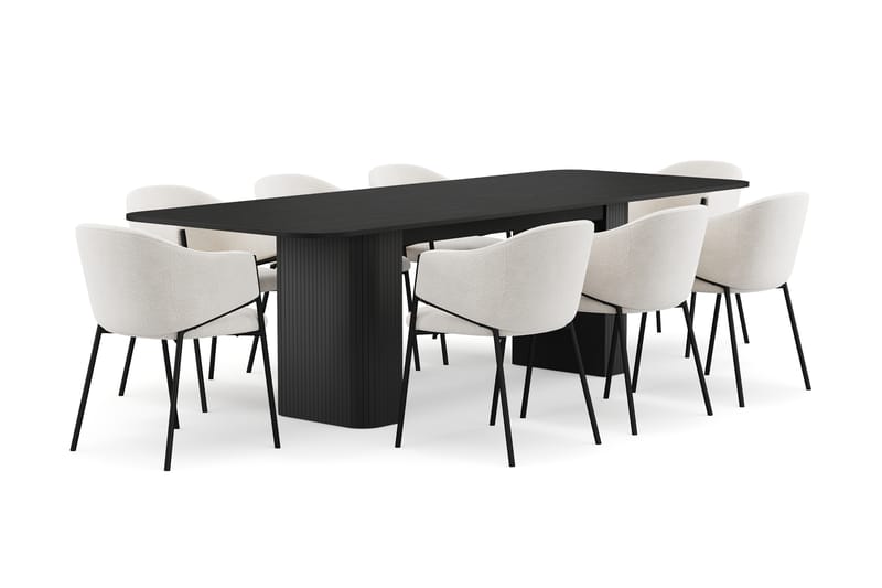 Kopparbo Matbord 200-260 cm Förlängningsbart med 8 Filip Matstolar - Svart / Vit Bouclé - Möbler - Bord & matgrupper - Matgrupper