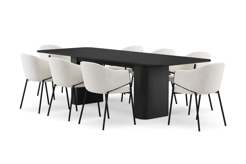 Kopparbo Matbord 200-260 cm Förlängningsbart med 8 Filip Matstolar, Svart / Vit Bouclé