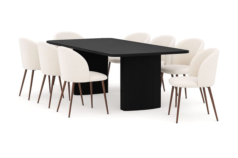 Kopparbo Matbord 200-260 cm Förlängningsbart med 8 Greya Matstolar med armstöd, Svart / Vit Bouclé / Metallben Valnöt