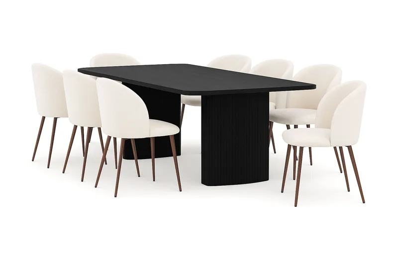 Kopparbo Matbord 200-260 cm Förlängningsbart med 8 Greya Matstolar med armstöd, Svart / Vit Bouclé / Metallben Valnöt