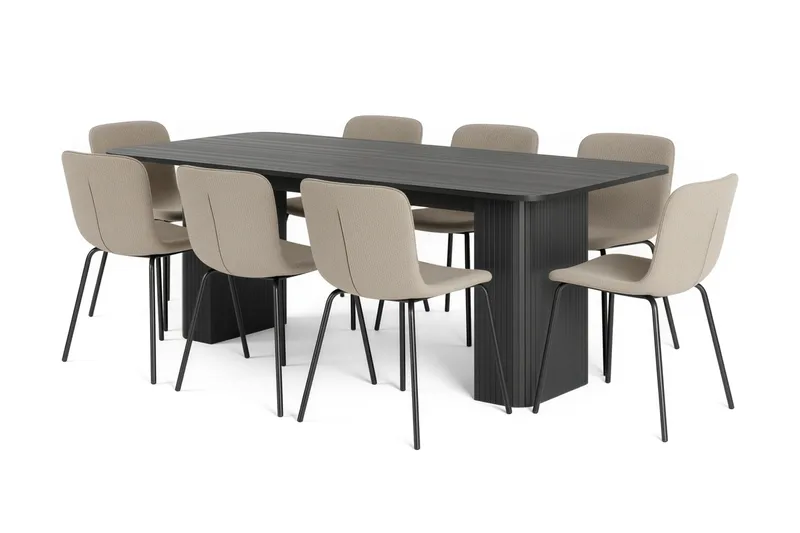 Kopparbo Matbord 200-260 cm Förlängningsbart med 8 Katy Matstolar, Svart / Greige Bouclé / Metallben Svart