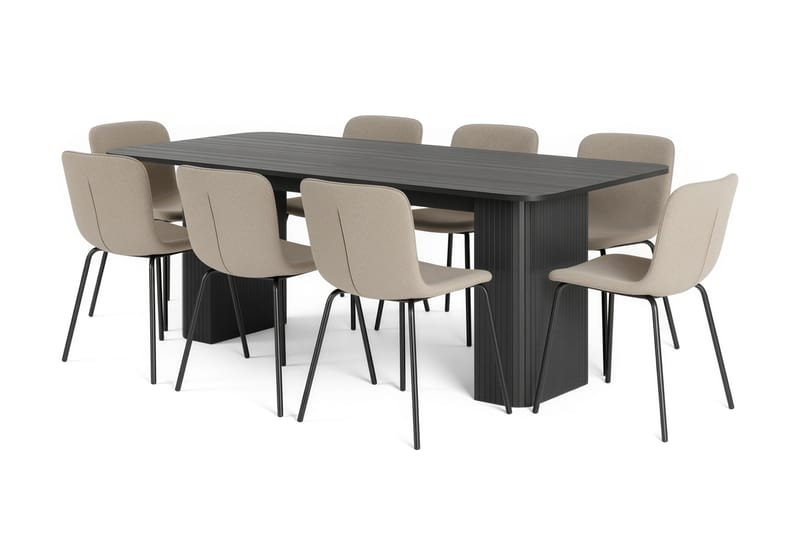 Kopparbo Matbord 200-260 cm Förlängningsbart med 8 Katy Matstolar, Svart / Greige Bouclé / Metallben Svart