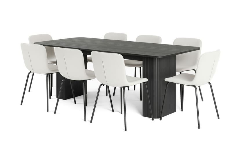 Kopparbo Matbord 200-260 cm Förlängningsbart med 8 Katy Matstolar, Svart / Vit Bouclé / Metallben Svart