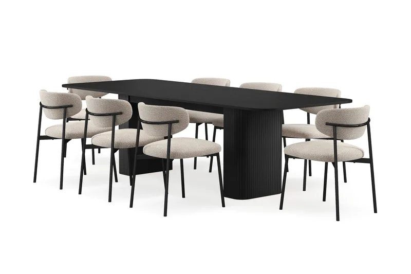 Kopparbo Matbord 200-260 cm Förlängningsbart med 8 Lucy Matstolar - Svart / Greige Bouclé / Metallben Svart - Möbler - Bord & matgrupper - Matgrupper