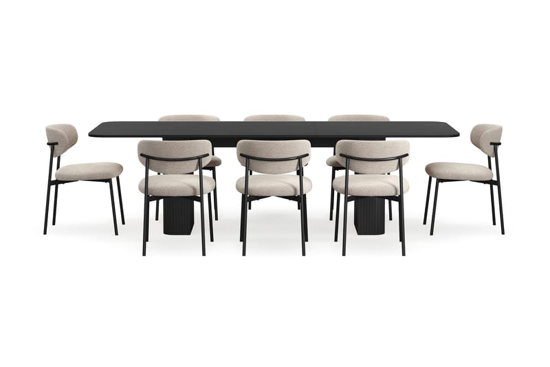 Kopparbo Matbord 200-260 cm Förlängningsbart med 8 Lucy Matstolar - Svart / Greige Bouclé / Metallben Svart - Möbler - Bord & matgrupper - Matgrupper
