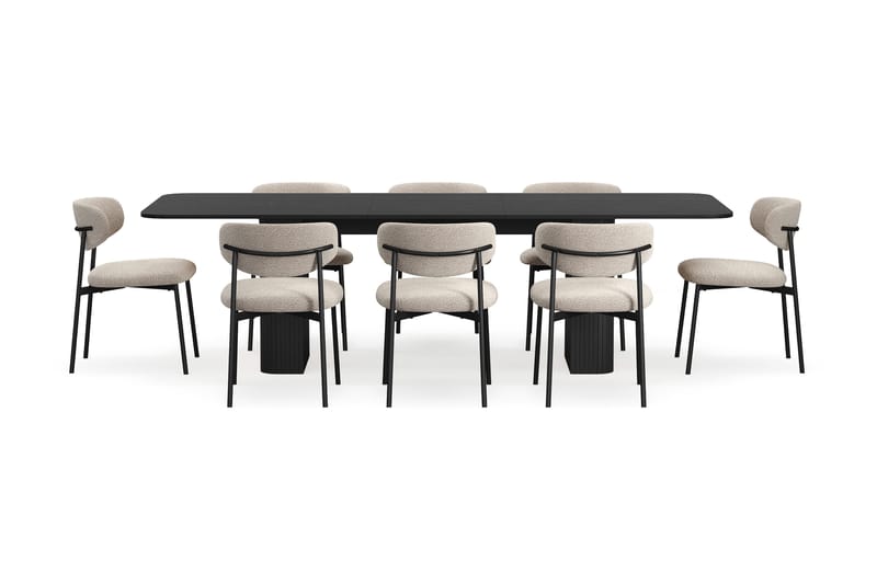 Kopparbo Matbord 200-260 cm Förlängningsbart med 8 Lucy Matstolar - Svart / Greige Bouclé / Metallben Svart - Möbler - Bord & matgrupper - Matgrupper