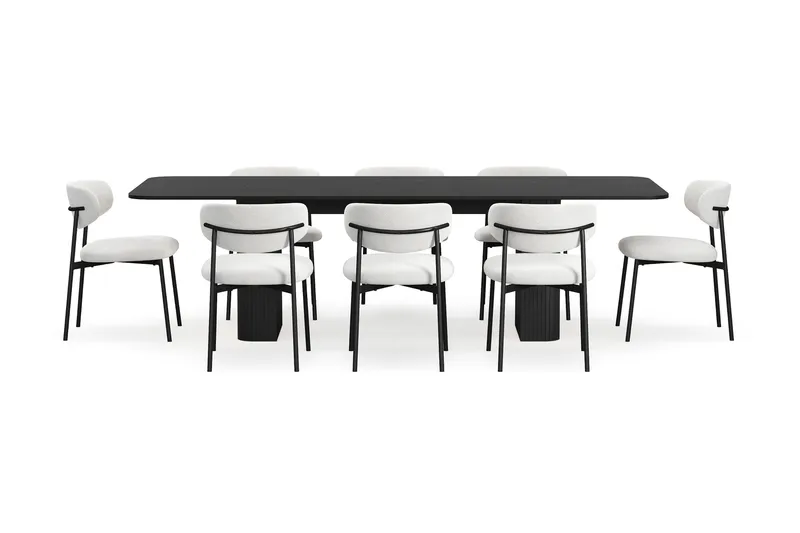 Kopparbo Matbord 200-260 cm Förlängningsbart med 8 Lucy Matstolar - Svart / Vit Bouclé / Metallben Svart - Möbler - Bord & matgrupper - Matgrupper