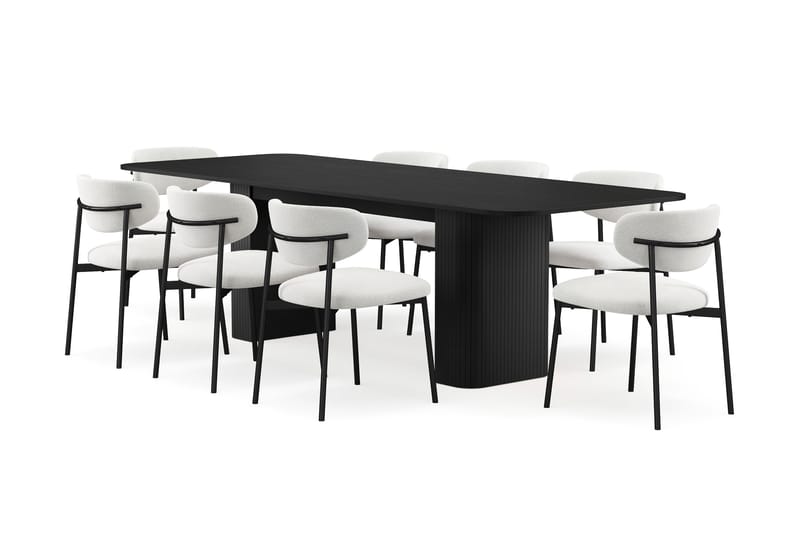 Kopparbo Matbord 200-260 cm Förlängningsbart med 8 Lucy Matstolar, Svart / Vit Bouclé / Metallben Svart