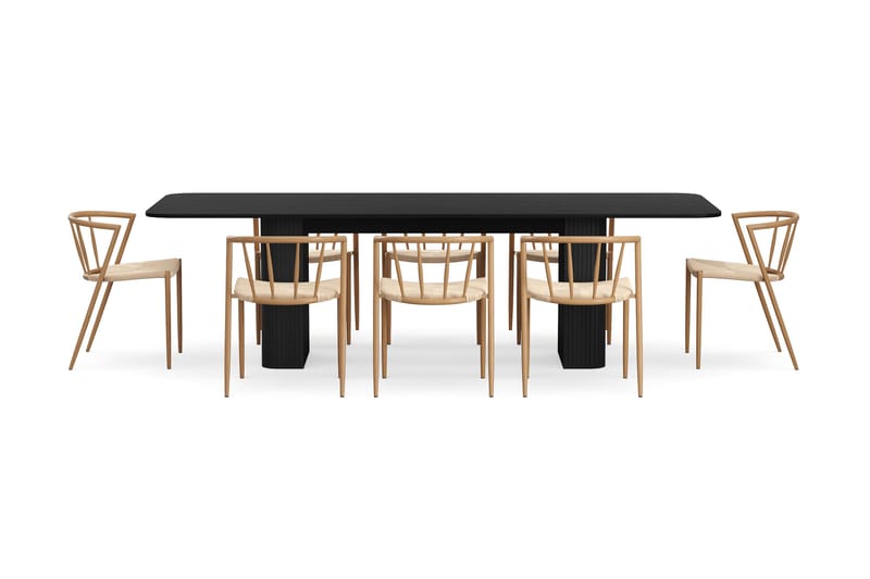 Kopparbo Matbord 200-260 cm Förlängningsbart med 8 Winston Matstolar - Svart / Beige / Metallben Ek - Möbler - Bord & matgrupper - Matgrupper