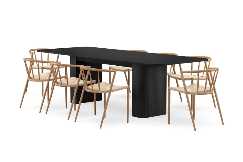 Kopparbo Matbord 200-260 cm Förlängningsbart med 8 Winston Matstolar, Svart / Beige / Metallben Ek