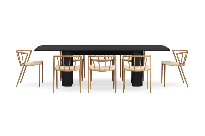 Kopparbo Matbord 200-260 cm Förlängningsbart med 8 Winston Matstolar - Svart / Beige / Metallben Ek - Möbler - Bord & matgrupper - Matgrupper