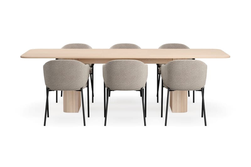 Kopparbo Matbord 200-260 cm Förlängningsbart med illäggsskiv med 6 Filip Matstolar - Vit / Taupe Bouclé - Möbler - Bord & matgrupper - Matgrupper