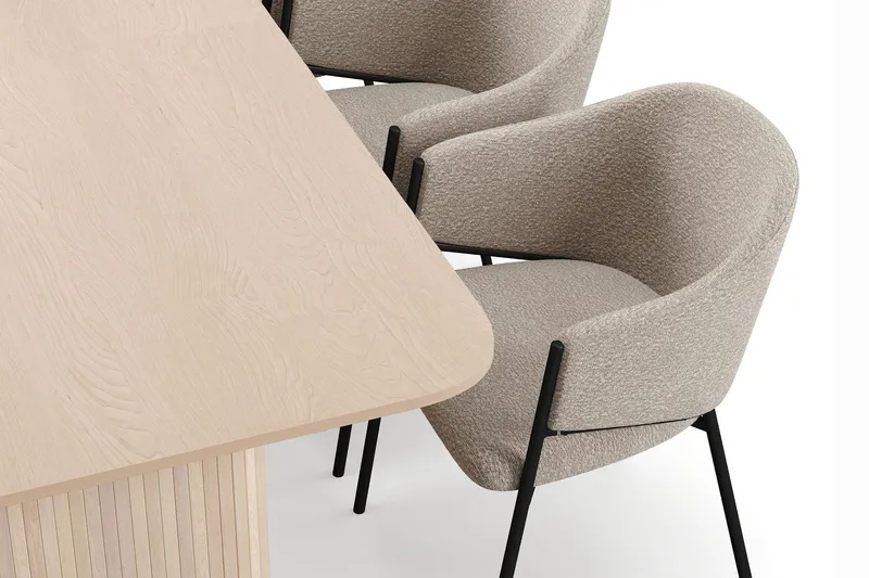 Kopparbo Matbord 200-260 cm Förlängningsbart med illäggsskiv med 6 Filip Matstolar - Vit / Taupe Bouclé - Möbler - Bord & matgrupper - Matgrupper