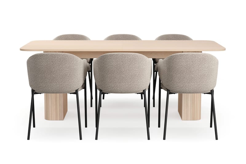 Kopparbo Matbord 200-260 cm Förlängningsbart med illäggsskiv med 6 Filip Matstolar - Vit / Taupe Bouclé - Möbler - Bord & matgrupper - Matgrupper