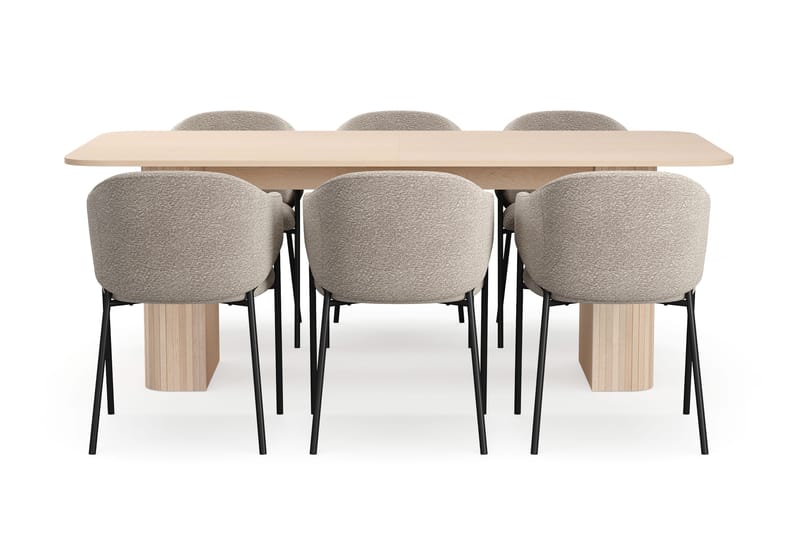 Kopparbo Matbord 200-260 cm Förlängningsbart med illäggsskiv med 6 Filip Matstolar - Vit / Taupe Bouclé - Möbler - Bord & matgrupper - Matgrupper