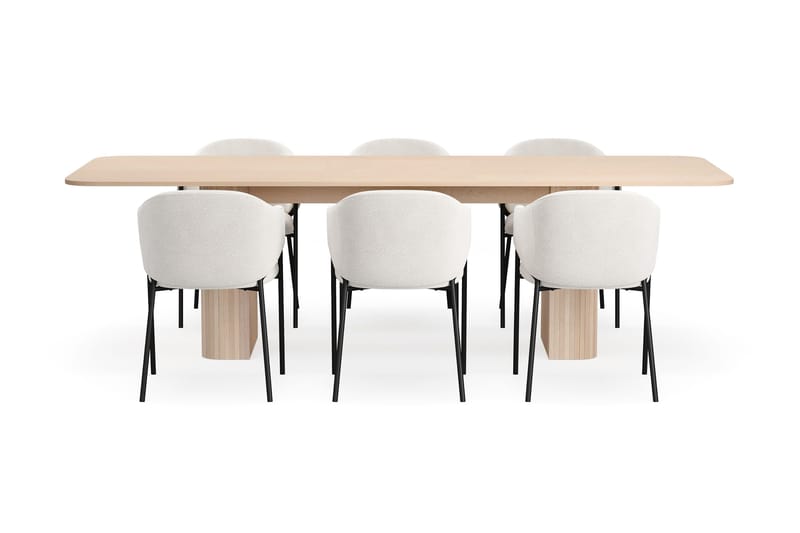 Kopparbo Matbord 200-260 cm Förlängningsbart med illäggsskiv med 6 Filip Matstolar - Vit / Vit Bouclé - Möbler - Bord & matgrupper - Matgrupper