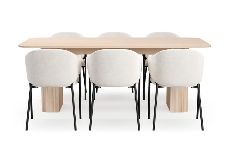 Kopparbo Matbord 200-260 cm Förlängningsbart med illäggsskiv med 6 Filip Matstolar - Vit / Vit Bouclé - Möbler - Bord & matgrupper - Matgrupper