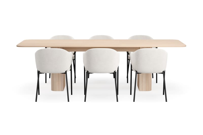 Kopparbo Matbord 200-260 cm Förlängningsbart med illäggsskiv med 6 Filip Matstolar - Vit / Vit Bouclé - Möbler - Bord & matgrupper - Matgrupper