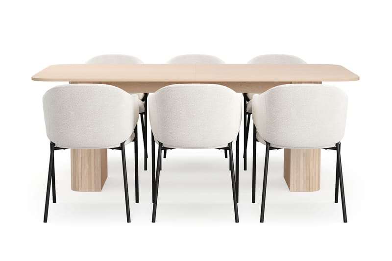 Kopparbo Matbord 200-260 cm Förlängningsbart med illäggsskiv med 6 Filip Matstolar - Vit / Vit Bouclé - Möbler - Bord & matgrupper - Matgrupper