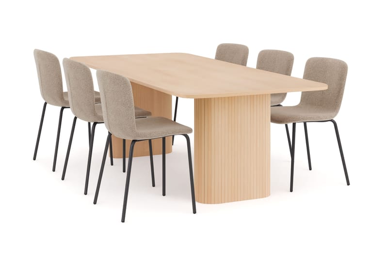 Kopparbo Matbord 200-260 cm Förlängningsbart med illäggsskiv med 6 Katy Matstolar, Vit / Greige Bouclé / Metallben Svart