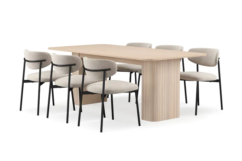 Kopparbo Matbord 200-260 cm Förlängningsbart med illäggsskiv med 6 Lucy Matstolar - Vit / Greige Bouclé / Metallben Svart - Möbler - Bord & matgrupper - Matgrupper