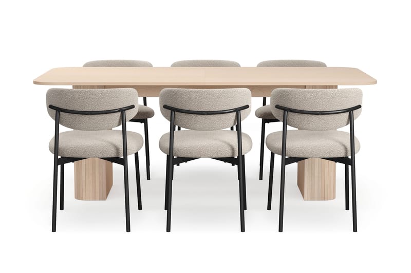 Kopparbo Matbord 200-260 cm Förlängningsbart med illäggsskiv med 6 Lucy Matstolar - Vit / Greige Bouclé / Metallben Svart - Möbler - Bord & matgrupper - Matgrupper