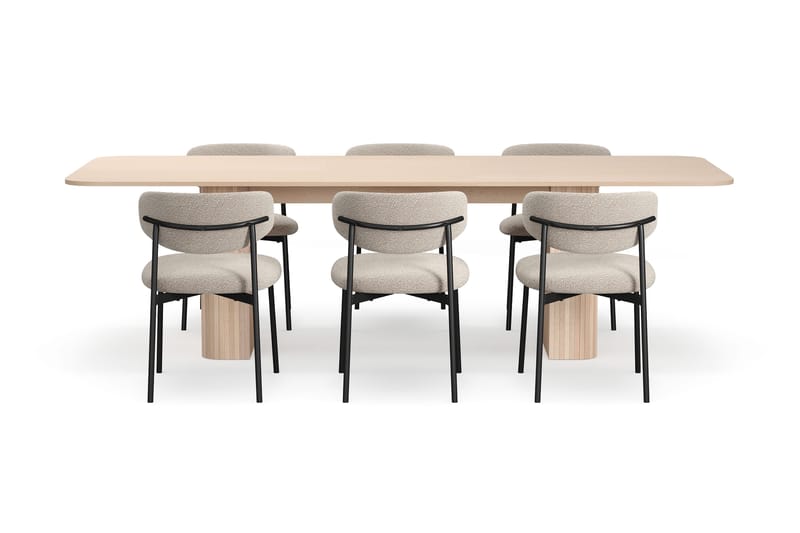 Kopparbo Matbord 200-260 cm Förlängningsbart med illäggsskiv med 6 Lucy Matstolar - Vit / Greige Bouclé / Metallben Svart - Möbler - Bord & matgrupper - Matgrupper