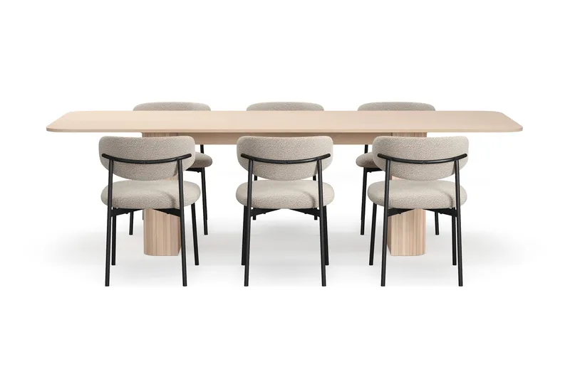 Kopparbo Matbord 200-260 cm Förlängningsbart med illäggsskiv med 6 Lucy Matstolar - Vit / Greige Bouclé / Metallben Svart - Möbler - Bord & matgrupper - Matgrupper