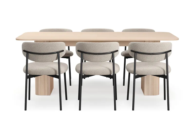 Kopparbo Matbord 200-260 cm Förlängningsbart med illäggsskiv med 6 Lucy Matstolar - Vit / Greige Bouclé / Metallben Svart - Möbler - Bord & matgrupper - Matgrupper