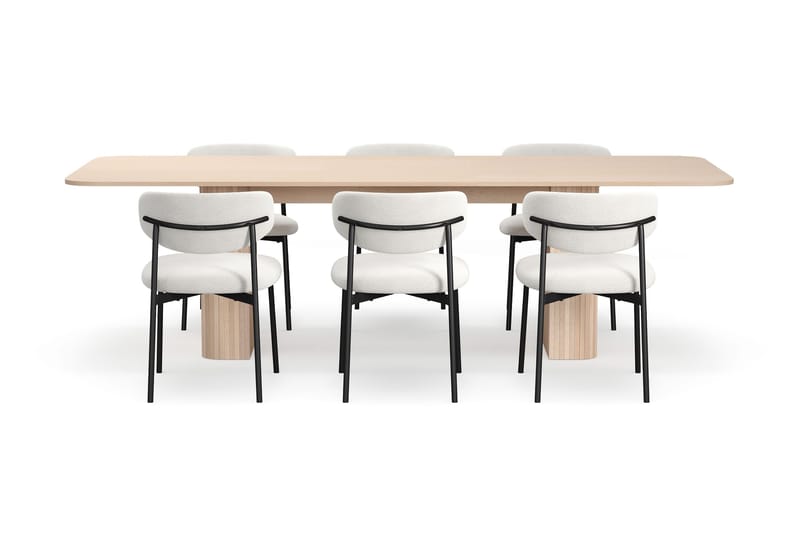 Kopparbo Matbord 200-260 cm Förlängningsbart med illäggsskiv med 6 Lucy Matstolar - Vit / Vit Bouclé / Metallben Svart - Möbler - Bord & matgrupper - Matgrupper