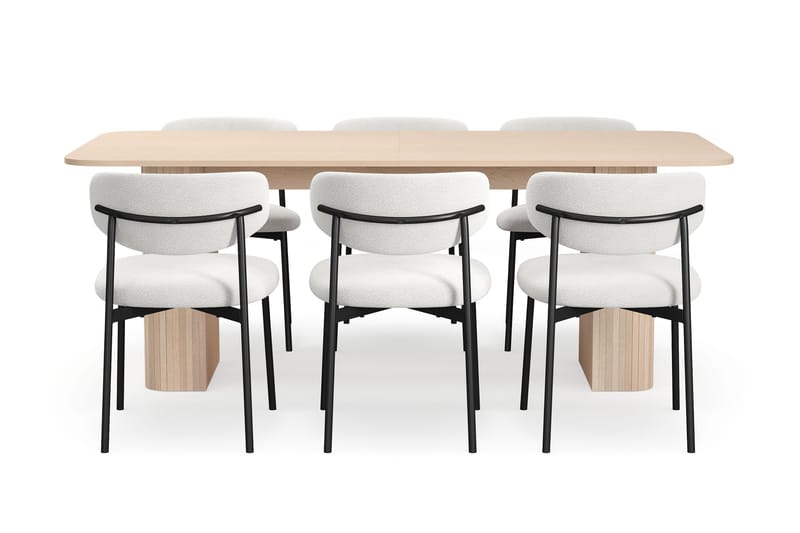 Kopparbo Matbord 200-260 cm Förlängningsbart med illäggsskiv med 6 Lucy Matstolar - Vit / Vit Bouclé / Metallben Svart - Möbler - Bord & matgrupper - Matgrupper