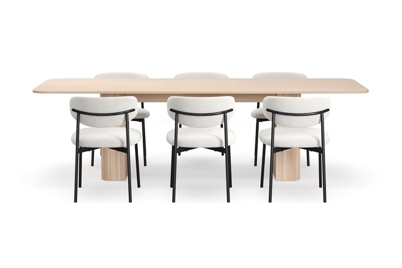 Kopparbo Matbord 200-260 cm Förlängningsbart med illäggsskiv med 6 Lucy Matstolar - Vit / Vit Bouclé / Metallben Svart - Möbler - Bord & matgrupper - Matgrupper