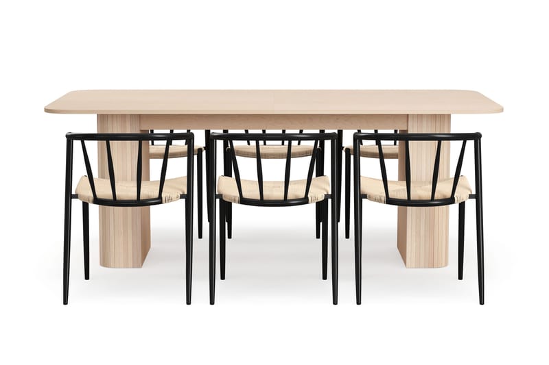 Kopparbo Matbord 200-260 cm Förlängningsbart med illäggsskiv med 6 Winston Matstolar - Vit / Beige / Metallben Svart - Möbler - Bord & matgrupper - Matgrupper