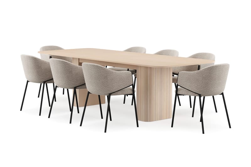 Kopparbo Matbord 200-260 cm Förlängningsbart med illäggsskiv med 8 Filip Matstolar, Vit / Taupe Bouclé