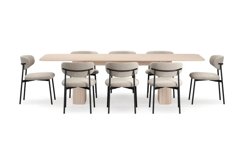 Kopparbo Matbord 200-260 cm Förlängningsbart med illäggsskiv med 8 Lucy Matstolar - Vit / Greige Bouclé / Metallben Svart - Möbler - Bord & matgrupper - Matgrupper