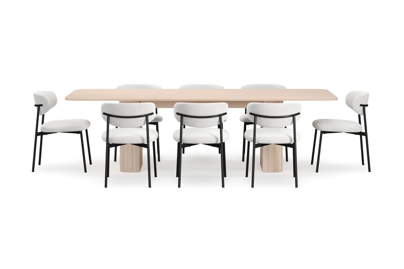 Kopparbo Matbord 200-260 cm Förlängningsbart med illäggsskiv med 8 Lucy Matstolar - Vit / Vit Bouclé / Metallben Svart - Möbler - Bord & matgrupper - Matgrupper
