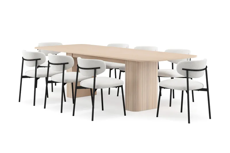 Kopparbo Matbord 200-260 cm Förlängningsbart med illäggsskiv med 8 Lucy Matstolar, Vit / Vit Bouclé / Metallben Svart