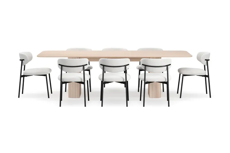 Kopparbo Matbord 200-260 cm Förlängningsbart med illäggsskiv med 8 Lucy Matstolar - Vit / Vit Bouclé / Metallben Svart - Möbler - Bord & matgrupper - Matgrupper