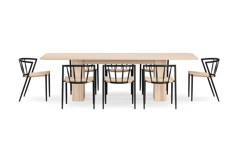 Kopparbo Matbord 200-260 cm Förlängningsbart med illäggsskiv med 8 Winston Matstolar - Vit / Beige / Metallben Svart - Möbler - Bord & matgrupper - Matgrupper